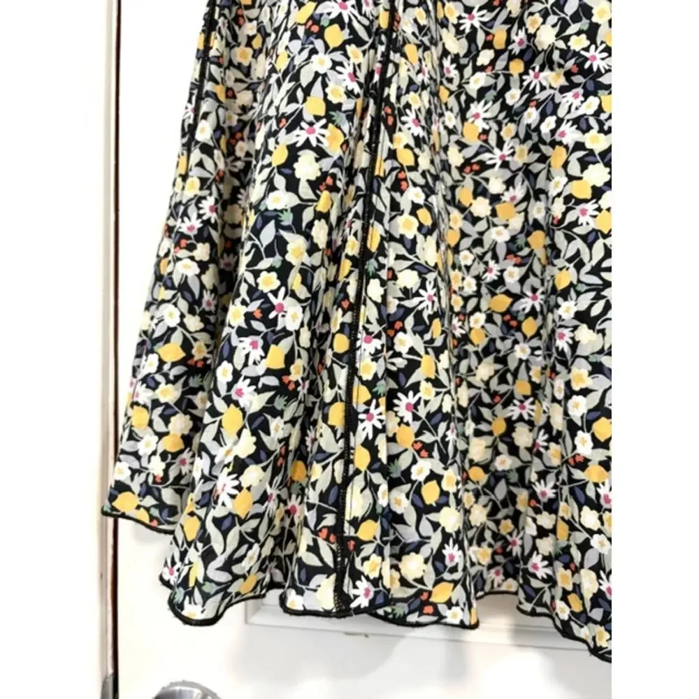 Cottagecore Floral Lemon Print‎ Midi Skirt Sz L Lined Cotton Daisy Coquette Boho